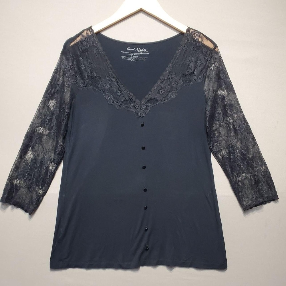 Soma Cool Nights Floral Lace Sleep Top Womens XS Black Bamboo Romantic Feminine